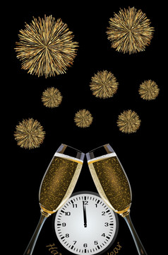 时钟和香槟眼镜和烟花和文本快乐新一年