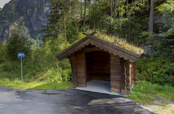 公共汽车停止的一边的路的国家一边挪威的雄伟的山景观峡湾挪威与木公共汽车停止传统的木公共汽车停止与草覆盖屋顶传统的公共汽车停止挪威