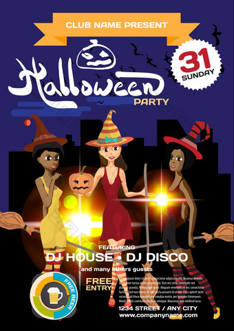 向量helloween聚会，派对邀请迪斯科风格三个女孩的女巫服装的背景的城市晚上模板海报传单