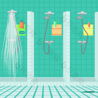 室内的淋浴房间的体育俱乐部公共淋浴的游泳池向量平卡通插图