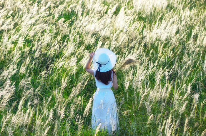 美丽的亚洲女人自然白色草地花她的衣服和白色他站白色长满草的场巴蜀府基里汗泰国美丽的女人自然白色草地花