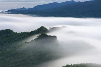 美丽的雾在绿色森林山空中视图日出在的山范围的北泰国美热带雨林景观与雾早....美丽的雾在绿色森林山