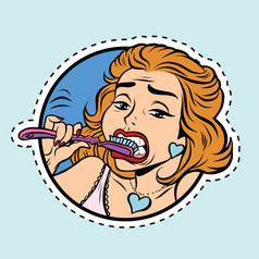 美丽的女孩刷牙她的牙齿流行艺术漫画插图标签贴纸切割轮廓