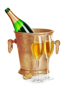 香槟瓶金冰桶与眼镜香槟特写镜头孤立的白色背景节日仍然生活