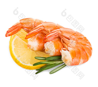 老虎虾与柠檬片和迷迭香虾与柠檬片和迷迭香孤立的白色背景海鲜