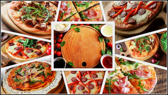 拼贴画与不同的类型披萨食物成分为披萨木表格前视图拼贴画与不同的类型披萨食物成分为披萨木表格前视图