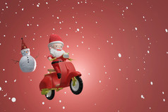 呈现圣诞老人老人骑踏板车和雪人概念假期问候卡广告促销活动横幅圣诞节背景