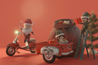 插图圣诞节出售促销活动模板概念购物在线圣诞老人老人和精灵古董踏板车复制空间为标志和文本