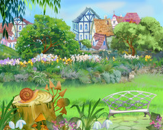 数字绘画插图色彩斑斓的仙女演讲公园的城市卡通风格艺术作品场景故事背景卡设计