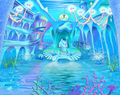 数字绘画插图神秘的和幻想海底亚特兰提斯城堡神奇的卡通风格字符仙女演讲故事背景卡设计