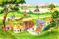 童话村数字绘画背景插图卡通风格字符童话村