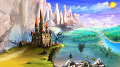 神奇的仙女演讲城堡包围山以上的河夏天一天数字绘画背景插图卡通风格字符