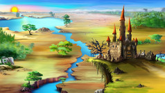 神奇的仙女演讲城堡岩石以上的蓝色的河夏天早....数字绘画背景插图卡通风格字符