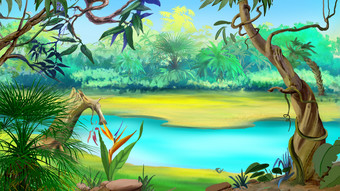 小河的热带雨林小河的热带雨林阳光明媚的一天数字绘画背景插图卡通风格字符