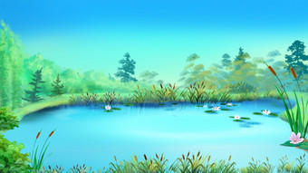 小池塘与百合和已经阳光明媚的一天数字绘画背景插图小池塘与百合和已经