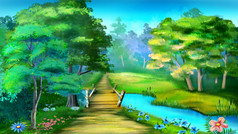 小木桥在森林流数字绘画背景插图小木桥在森林流