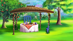 早餐舒适的露台的花园阳光明媚的早....数字绘画背景插图令人难以置信的露台果园