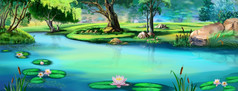 水百合的河夏天阳光明媚的一天数字绘画背景插图水百合的河