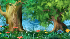 明亮的色彩斑斓的野生花的草数字绘画背景插图色彩斑斓的野生花的森林
