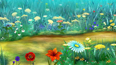 明亮的色彩斑斓的野生花的草数字绘画背景插图色彩斑斓的野生花的草