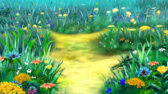 明亮的色彩斑斓的野生花的草数字绘画背景插图色彩斑斓的野生花的草