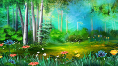 明亮的色彩斑斓的野生花的森林数字绘画背景插图色彩斑斓的野生花的森林