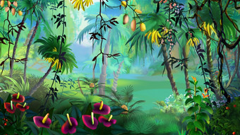 色彩斑斓的热带植物和水果的热带雨林数字绘画背景插图植物和水果的热带雨林