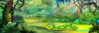 好蛇的热带雨林数字绘画背景插图好蛇的热带雨林