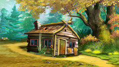 老木房子的森林数字绘画背景插图老木房子插图