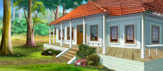 国家房子与阳台阳光明媚的一天数字绘画背景插图国家房子与阳台插图