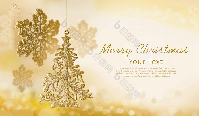 圣诞节装饰雪花树玩具黄金背景的地方为问候文本