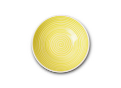空黄色的陶瓷板与螺旋模式水彩风格视图从以上孤立的白色背景与剪裁路径