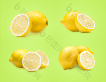 柠檬水果集孤立的绿色背景柠檬水果集