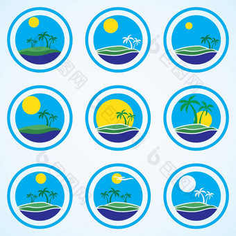 棕榈树和太阳海滩度假胜地标志设计模板热带岛假期图标集棕榈树和太阳海滩度假胜地标志设计模板热带岛假期图标集