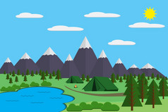 山与森林和湖景观平向量插图为野营和徒步旅行极端的体育户外冒险与娱乐的地方帐篷和火山与森林和湖景观平向量插图为野营和徒步旅行极端的体育户外冒险与娱乐的地方帐篷和火