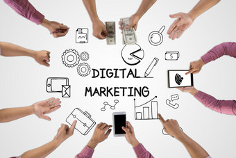 数字市场营销概念业务人会议与涂鸦数字市场营销概念业务人会议与涂鸦图标
