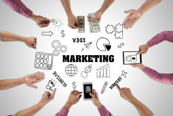市场营销概念业务人会议与涂鸦图标市场营销概念业务人会议与涂鸦图标