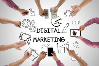 数字市场营销概念业务人会议与涂鸦数字市场营销概念业务人会议与涂鸦图标