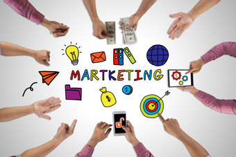 数字市场营销概念业务人会议与涂鸦数字市场营销概念业务人会议与涂鸦彩色的图标集