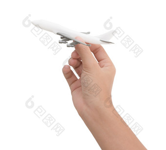 手持有飞机玩具模型孤立的白色背景