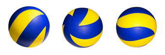 特写镜头三个黄色的蓝色的排球体育设备与光闪亮的孤立的许多皮革凌空抽射球对象白色背景与剪裁路径许多黄色的蓝色的排球球
