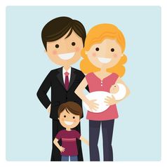 家庭与儿子和新生儿婴儿蓝色的背景
