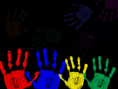 色彩斑斓的手打印孤立的黑色的背景向量插图