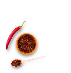 卡宴胡椒和红色的辣椒板和木勺子白色背景