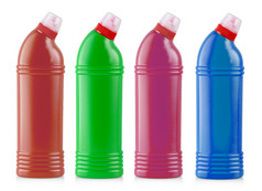 彩色的塑料瓶与家庭清洁产品孤立的白色背景
