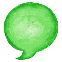 绿色圆演讲泡沫图标与水彩油漆纹理孤立的白色背景