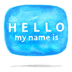 蓝色的广场演讲泡沫图标你好的名字与水彩油漆纹理孤立的白色背景
