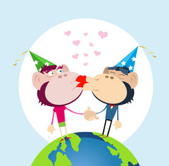 快乐新一年插图夫妇情人猴子接吻为新一年rsquo夏娃