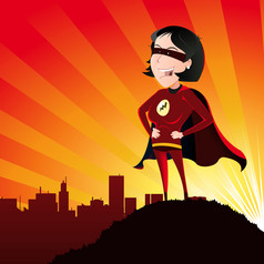 插图卡通超级英雄女人站自豪地的郊区的城市在哪一个她手表和的太阳梁后面超级英雄女