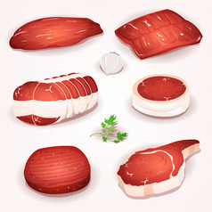 插图集卡通块生牛肉肉与牛排烤和片牛肉肉集